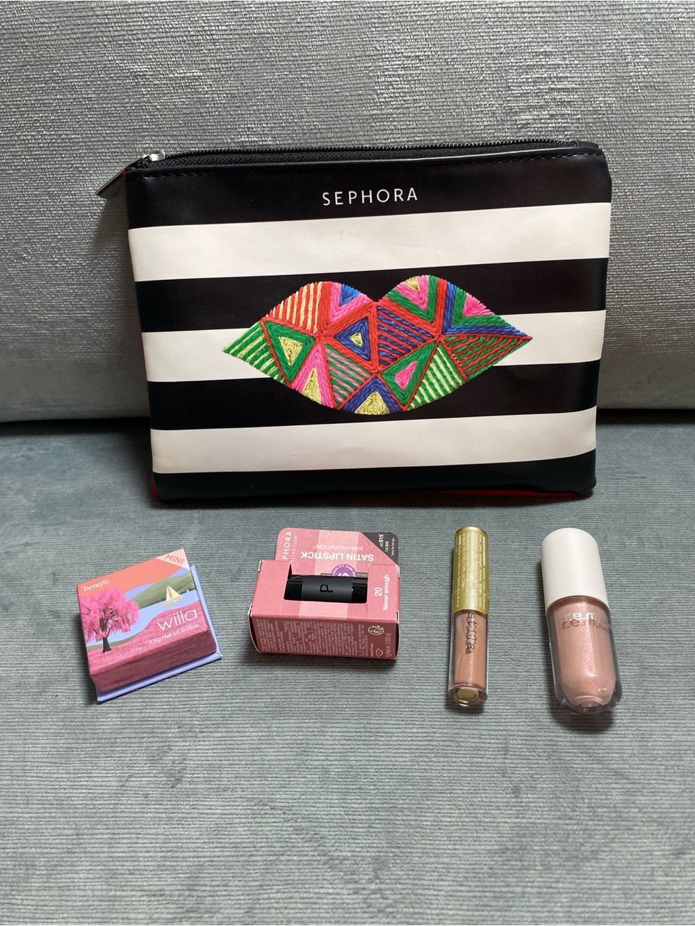 Sephora Striped Pouch with Colorful Embroidered Lip and 4 travel cosmetics
